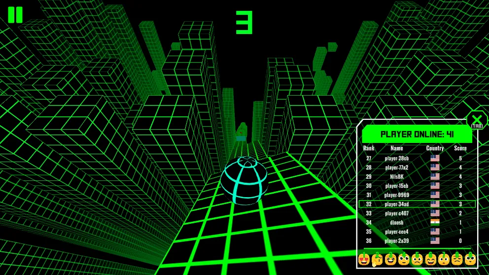A glowing ball rolling down a green neon wireframe track in Speed Slope gameplay