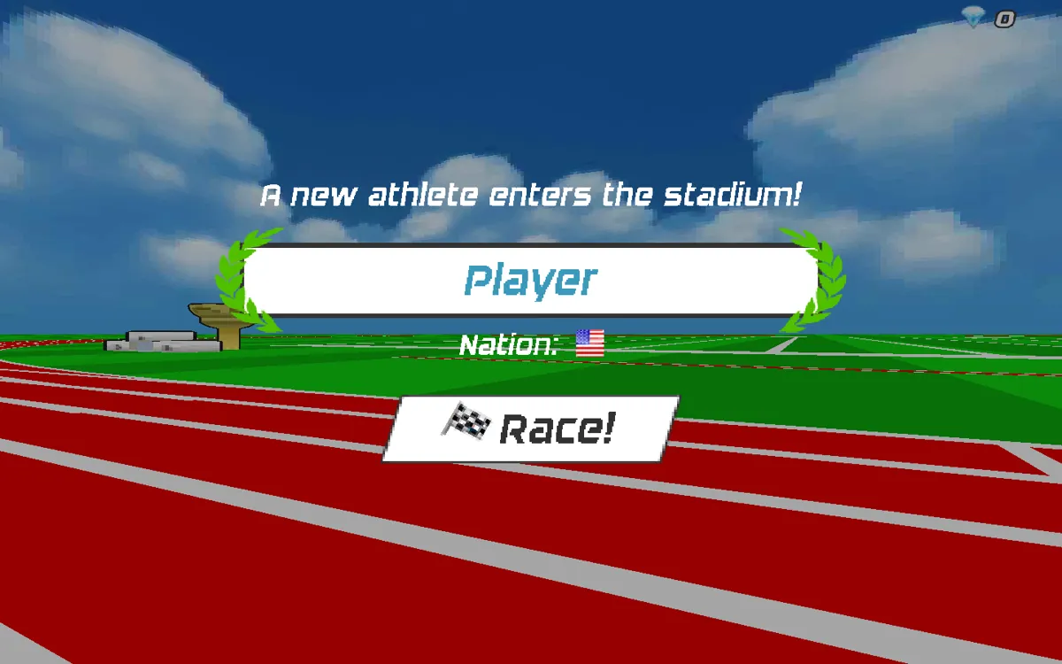 Speed Stars start menu on a pixel-style athletics track with a race button